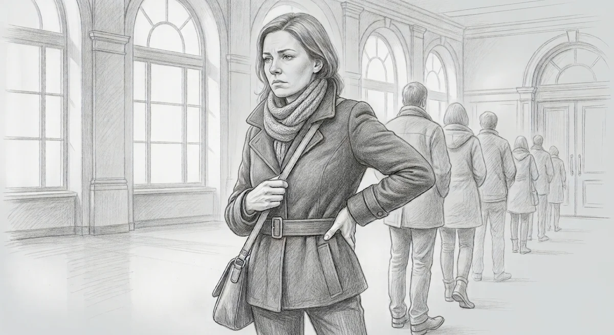 Pencil sketch of a woman waiting in a queue, easing her lower back with one hand
