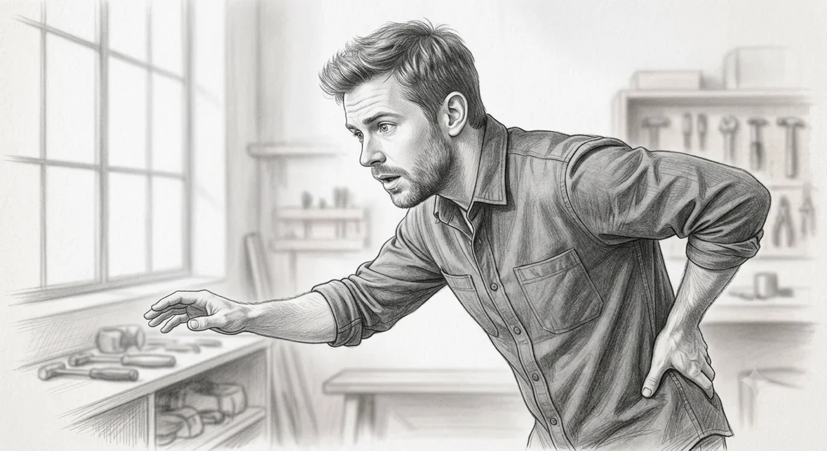 Pencil sketch of a person holding their lower back