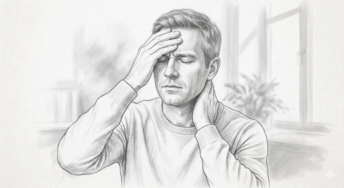 Pencil sketch showing the cervical spine and headache-dizziness connection
