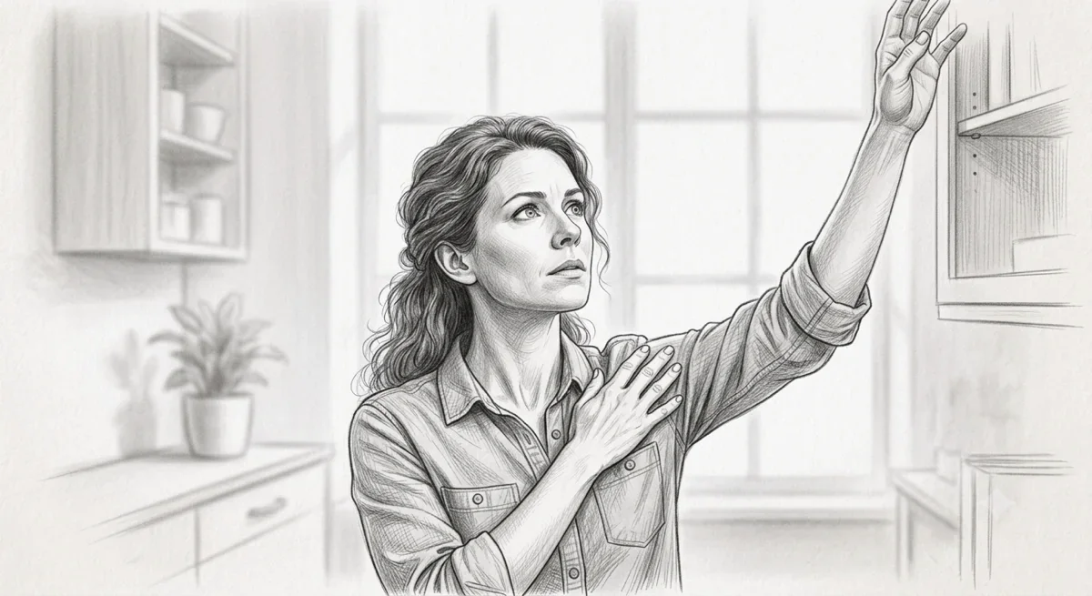 Pencil sketch of a person holding a sore shoulder