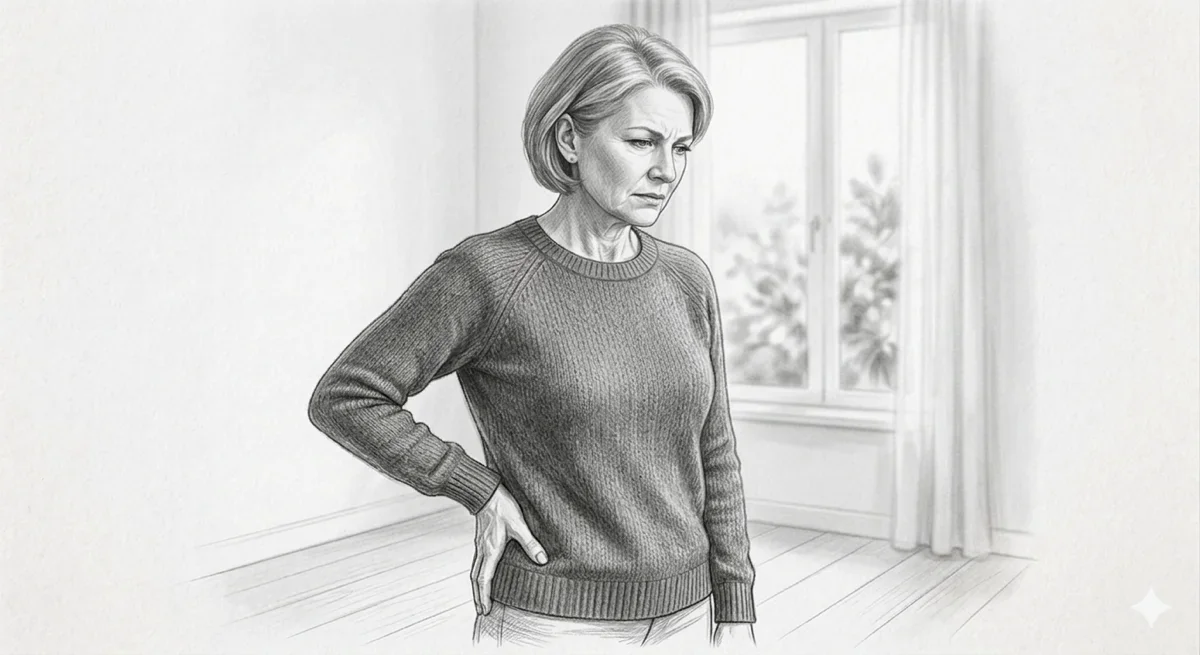 Pencil sketch of a woman with hip pain illustrating the fascial approach