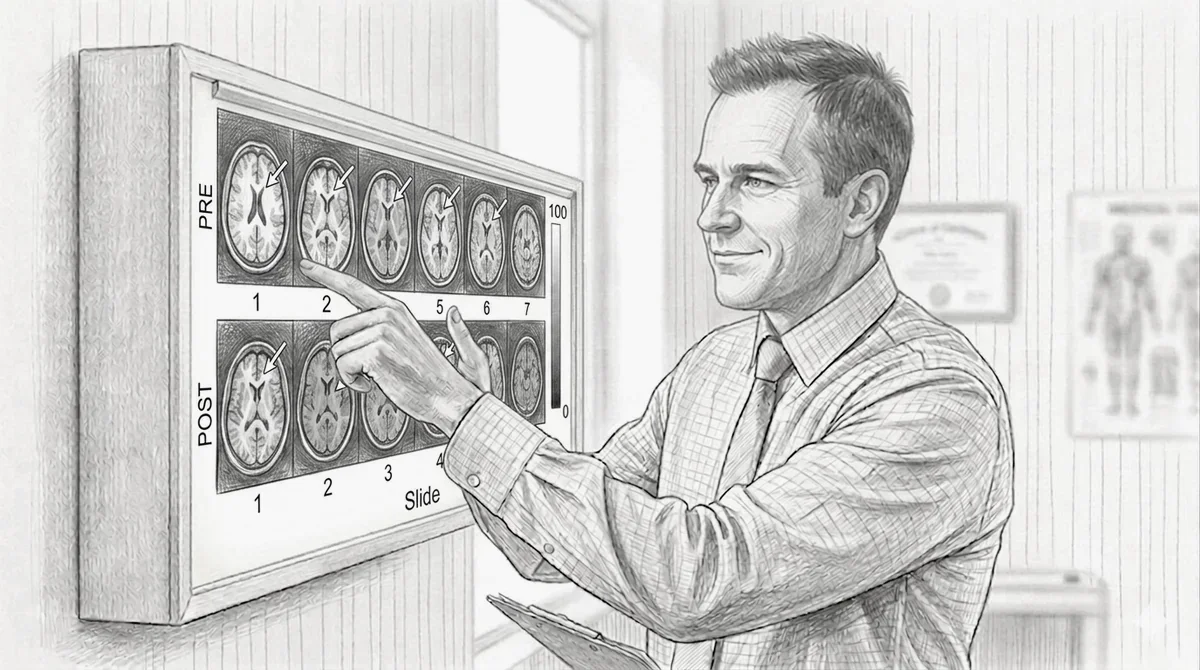 Pencil sketch of a clinician reviewing PRE and POST MRI scans on a lightbox
