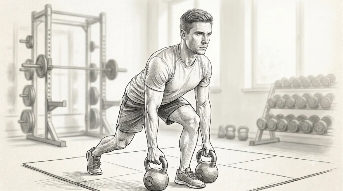 Pencil sketch of an athlete in a split-stance kettlebell deadlift
