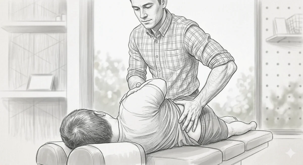 Pencil sketch of a chiropractor performing spinal manipulation