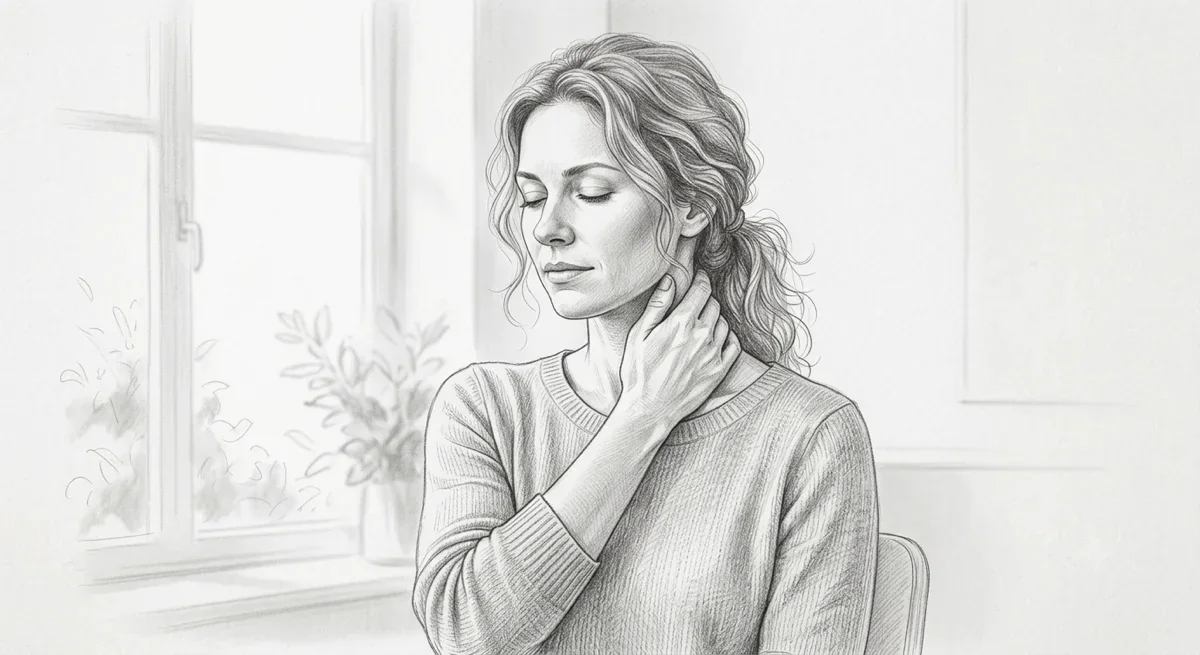 Pencil sketch of a woman touching her neck after treatment