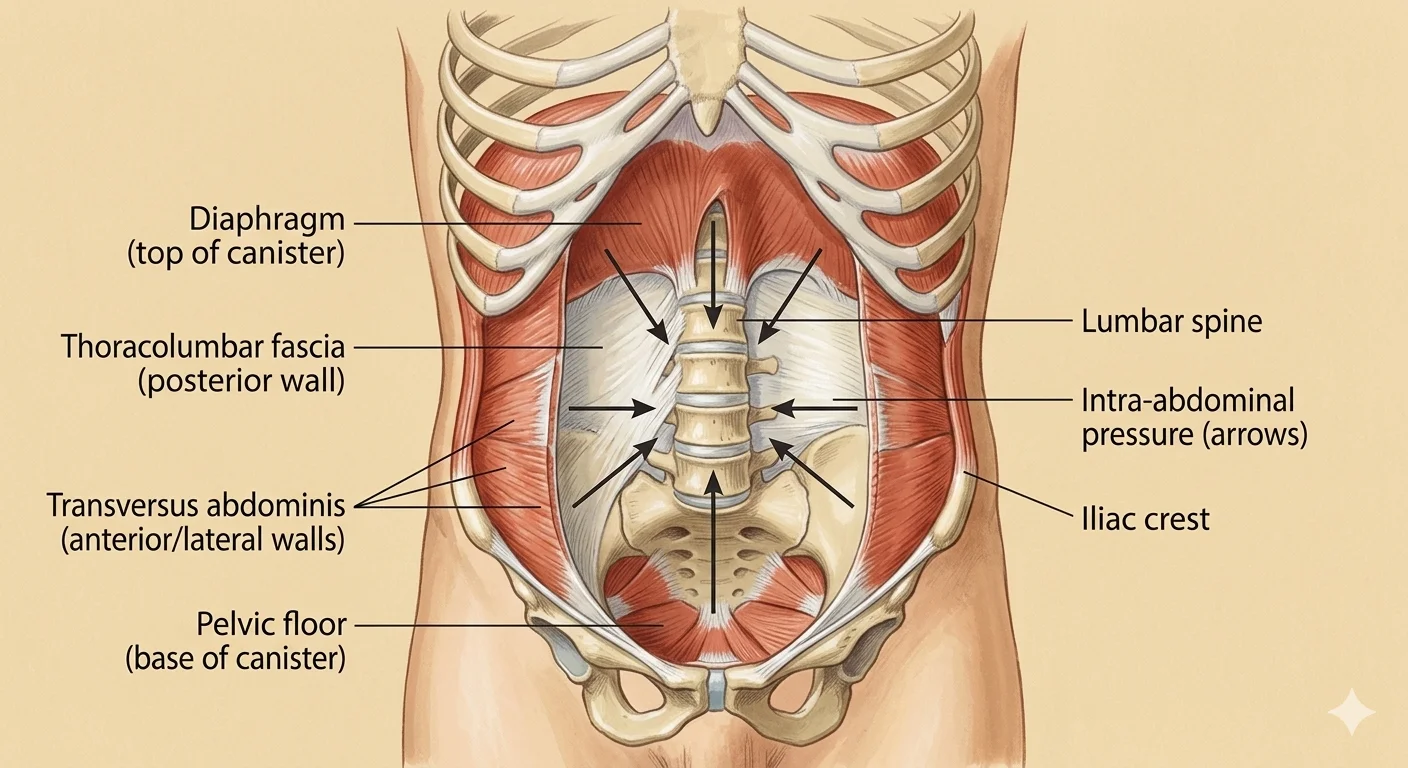 Anatomical illustration of the abdominal canister model showing the diaphragm as the top wall, pelvic floor as the base, transversus abdominis and abdominal fascia as the anterior and lateral walls, and the thoracolumbar fascia as the posterior wall — with intra-abdominal pressure arrows demonstrating how coordinated contraction creates lumbar spine stiffness and stability