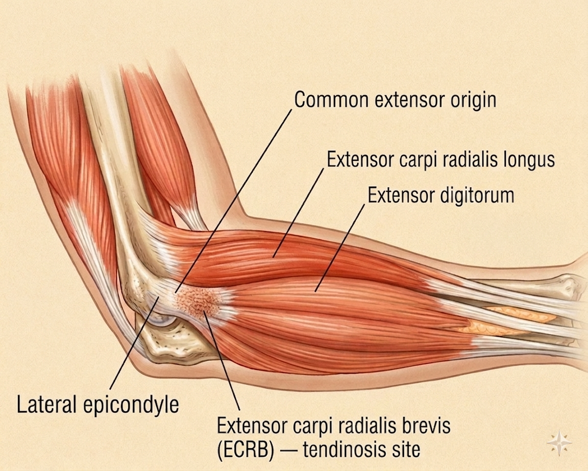 Illustrated anatomy of the elbow showing the lateral epicondyle, common extensor origin, ECRB tendon, radial head, and surrounding bony landmarks