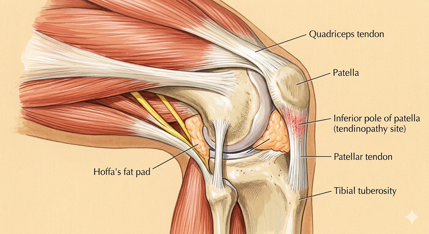 Illustrated cross-section of the knee joint showing the patella, patellar tendon, femoral condyles, tibial plateau, and surrounding structures