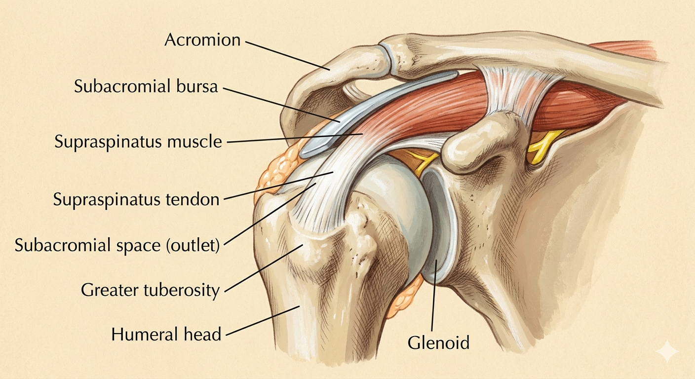 Illustrated cross-section of the shoulder showing the supraspinatus tendon passing through the subacromial space beneath the acromion, with the subacromial bursa, greater tuberosity, humeral head, and glenoid labelled